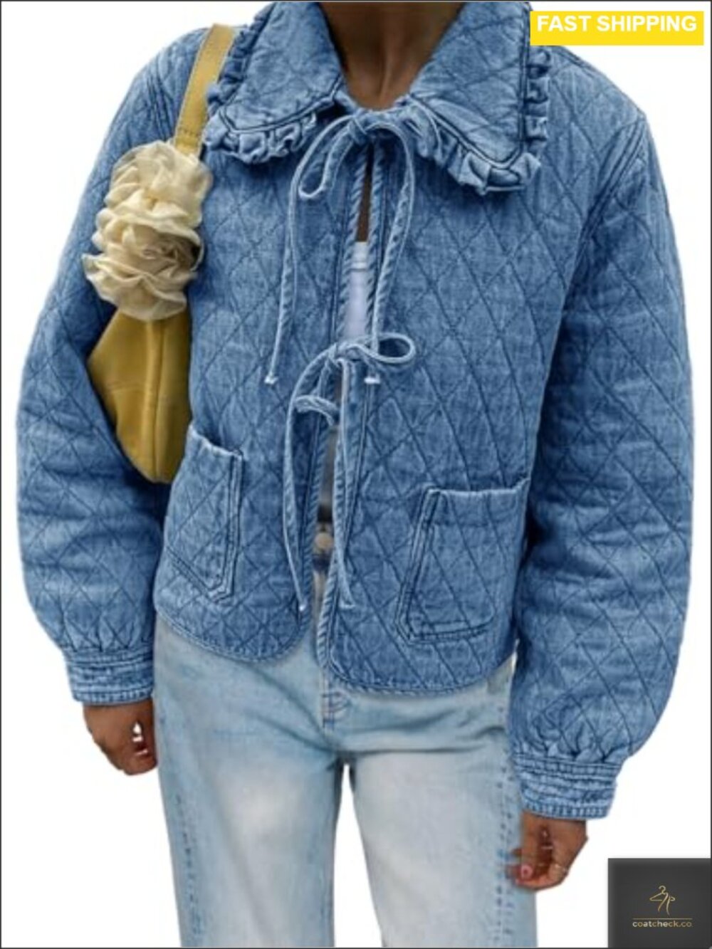 Quilted Denim Puffer Jacket Tie Front Ruffle Collar Winter Coat